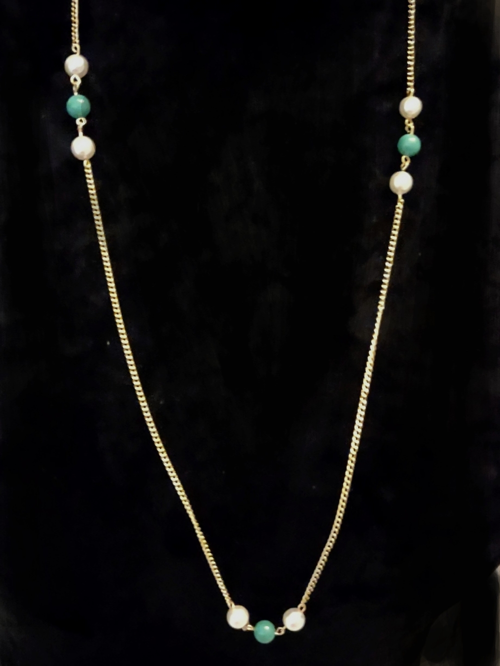 30" Gold Chain with Pearl & Green Stationed Beads Necklace - Picture 8 of 11